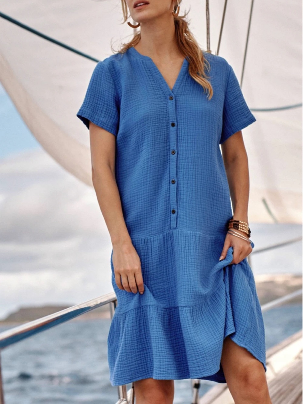 J. Jill Cyan Short-Sleeve Textured Button-Front Cotton Dress. Size Medium. NWT.
